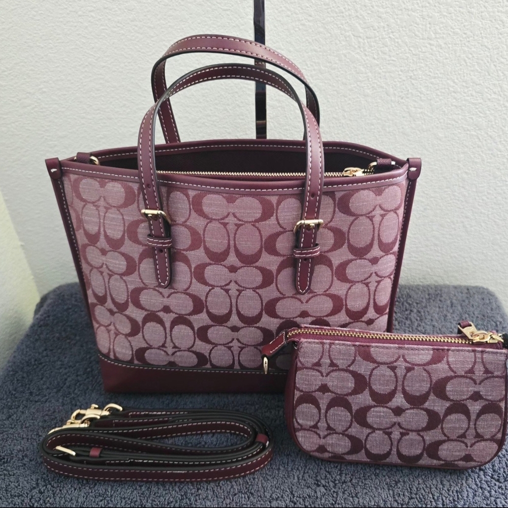 NWOT COACH CR293 Mollie 25 Denim Chambray "WINE" Tote Bag & Nolita 15 Wristlet - Picture 2 of 11